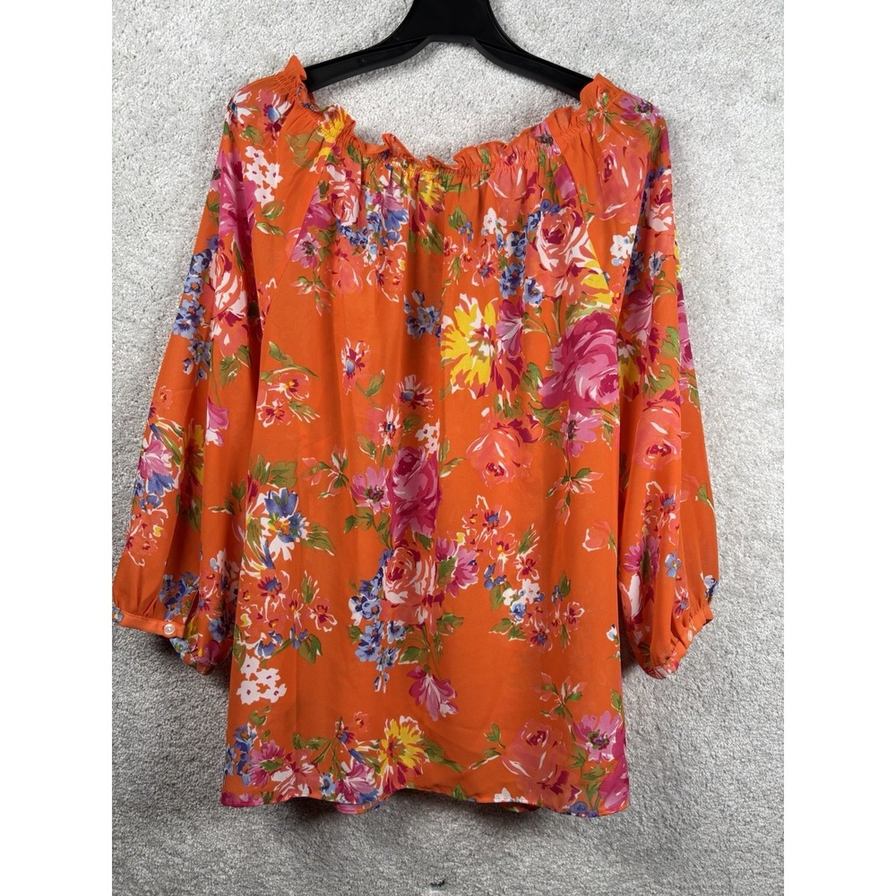 Chaps Ralph Lauren Womens Orange Floral Shirt Top Blouse 3/4 sleeve 2XL 2X Plus - Picture 4 of 5